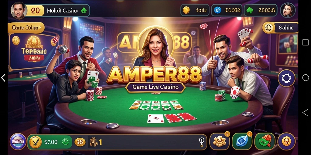 Tampilan gameplay AMPER88 dengan dealer dan suasana kasino yang nyata.