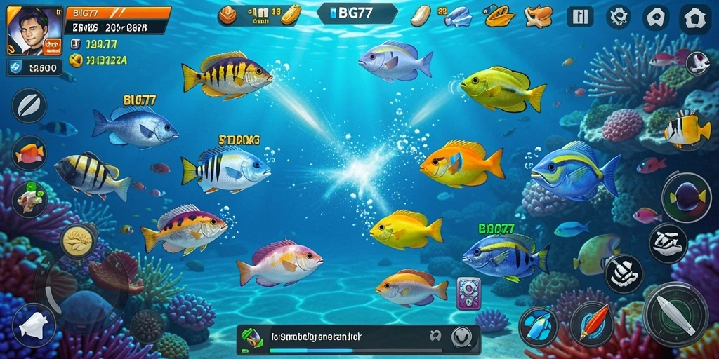 Screenshot BIG77 menampilkan aksi seru saat menembak ikan di lautan.