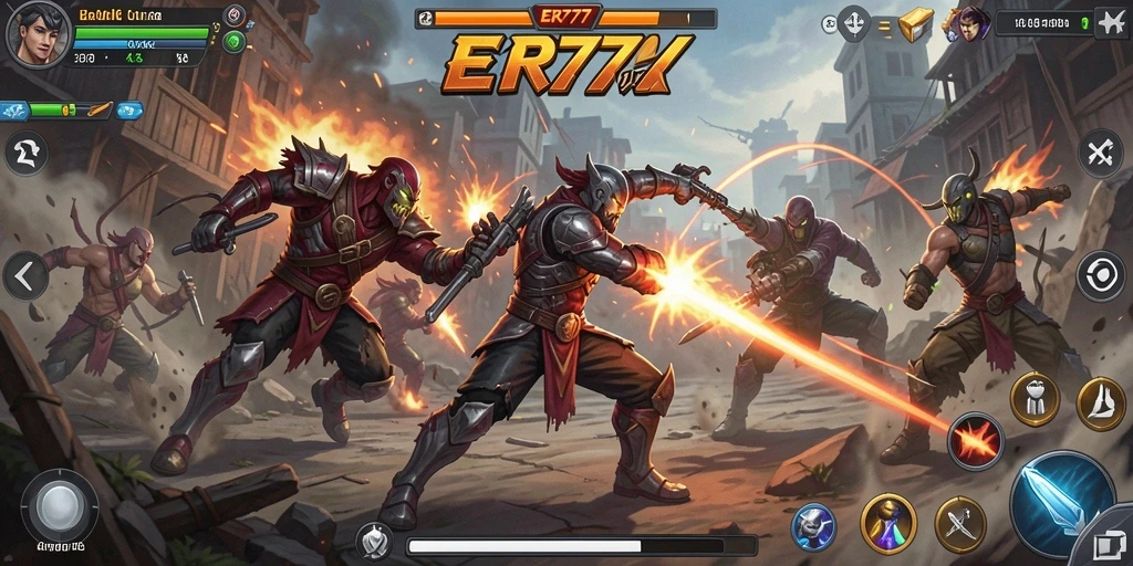 Tangkapan layar gameplay ER777 menunjukkan karakter bertarung di arena yang penuh aksi.