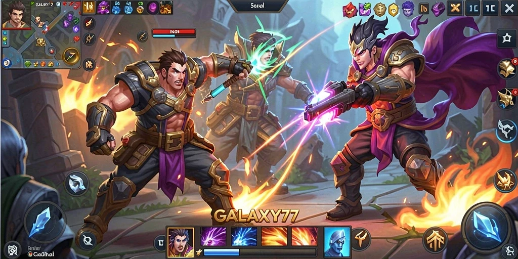 Screenshot gameplay GALAXY77 yang menampilkan pertarungan seru.