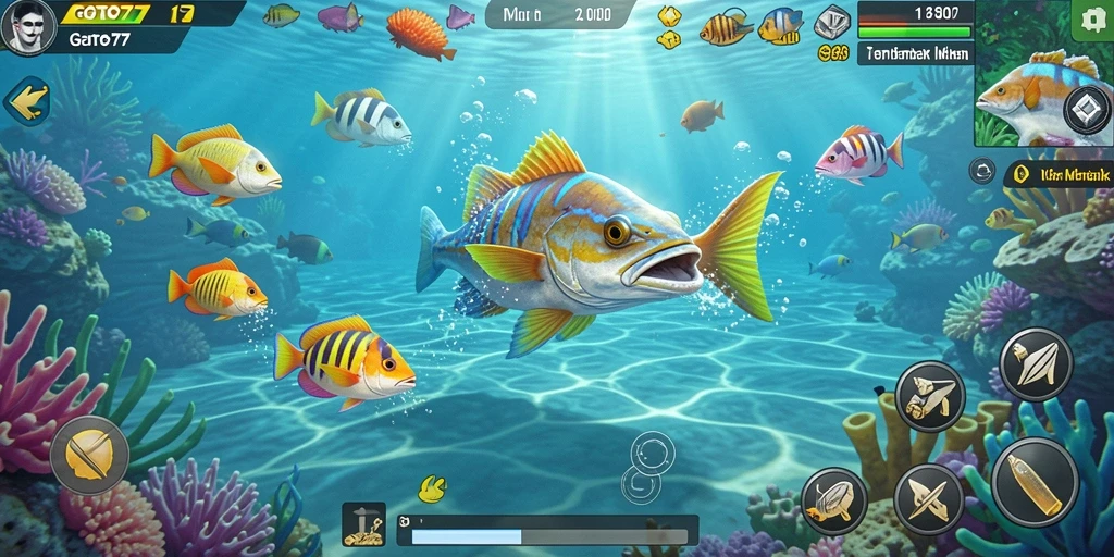 Screenshot gameplay GOTO77 menampilkan aksi menembak ikan yang mendebarkan.