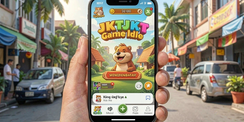Screenshot utama JKTJKT menampilkan gameplay idle yang mengasyikkan dan karakter yang unik.