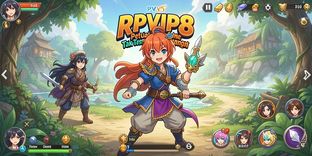 Screenshot gameplay RPVIP8 yang menampilkan karakter anime yang beraksi.